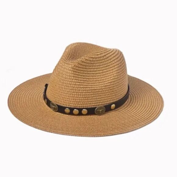 WOVEN STRAW COWGIRL HAT LEATHER BAND BRASS TRIM NATURAL COLOR - Picture 6 of 12